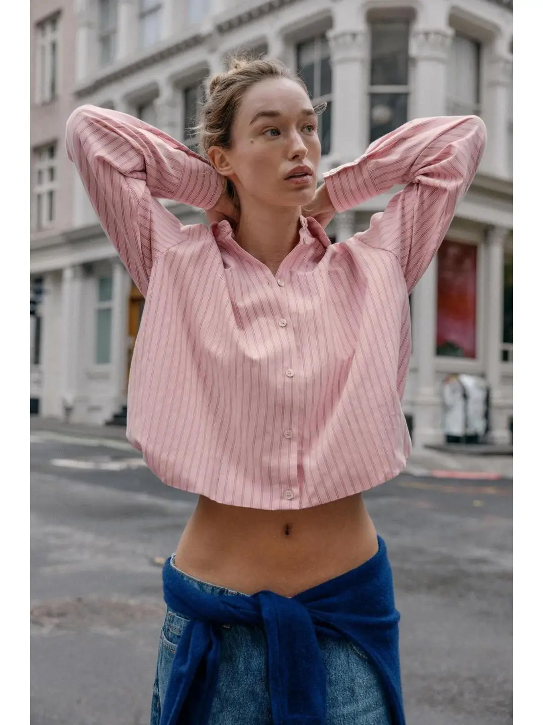 

Sweet Style Striped Loose Long Sleeve Shirt Stand Collar Elastic Hem Chinese Brand Women's Fashion Summer Shirt Breathable