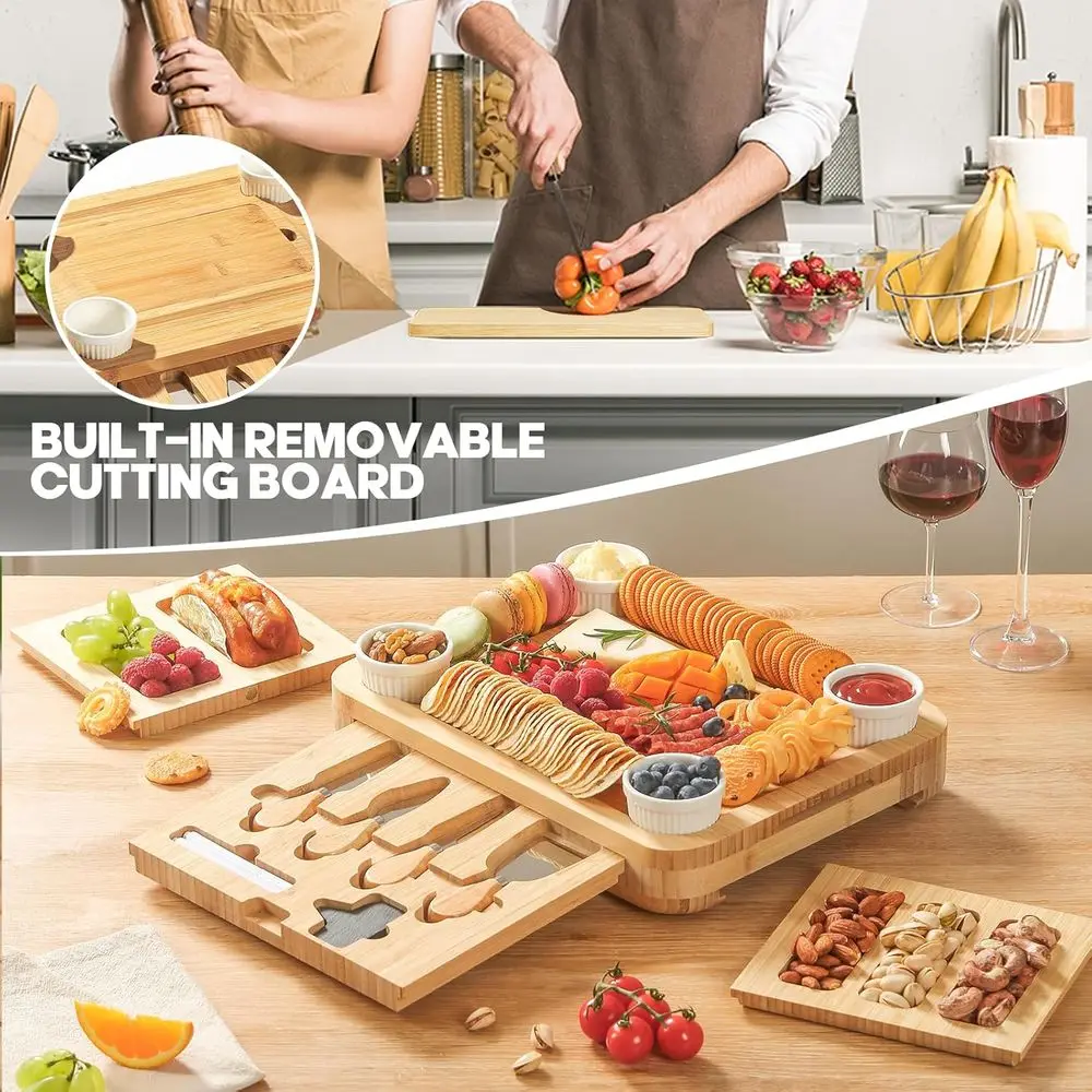 Portable Bamboo Charcuterie Board with Lid and Handle, Travel-Friendly Snack Box, Compact Cutting Board with 3 Hidden Drawers fo