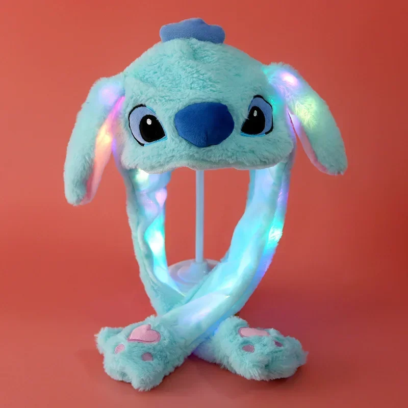 Disney Stitch Fluffy Hat Cartoon Anime Long Ears Luminous Plush Hat Glowing Funny Moving Push-button Ears Cap Kids Birthday Gift