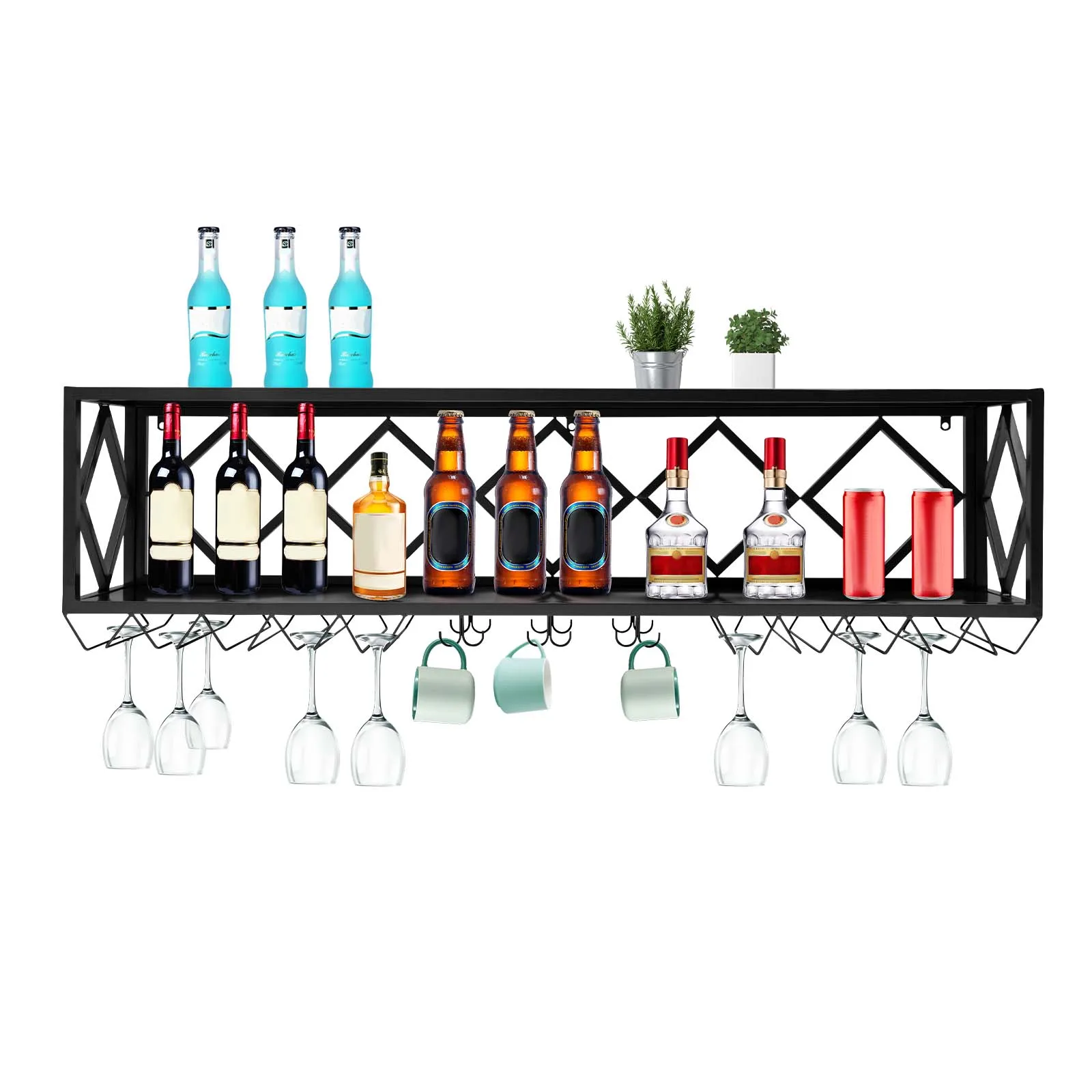 

Wine Rack Wall-Mounted Floating Shelf with Inverted Glass Rack Multifunctional Iron Bottle Holder and Goblet Rack with Partition