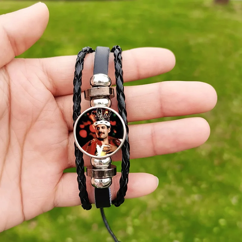 Hot Sale Freddie Mercury Bracelet Music Singer Pattern Glass Button Handmade Leather Bracelets Men Woven Wristband Fans Souvenir