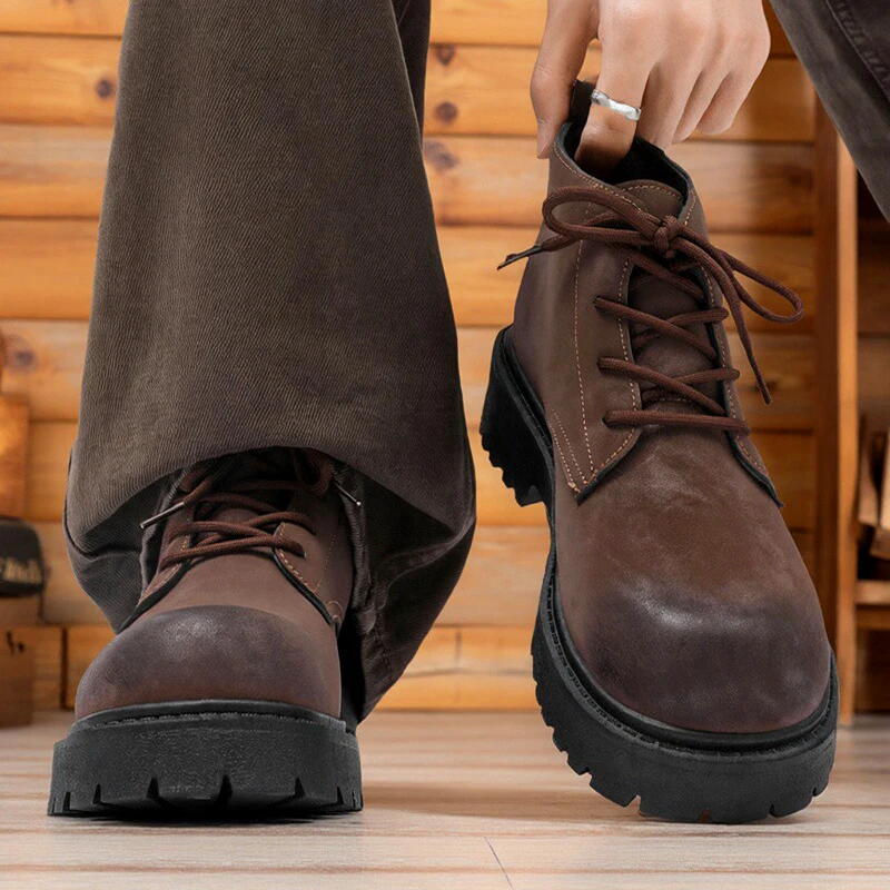 

Коричневые высокие рабочие кожаные ботинки до середины голени из натуральной кожи, американские британские ботинки в стиле Мартинс с массивным носком