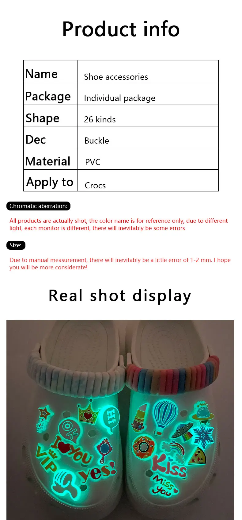 1PCS Luminous Shoe Charms Set for Clog Sandals Decoration DIY Shoe Charm Pins for Men Women Kids Letters Rainbow Food