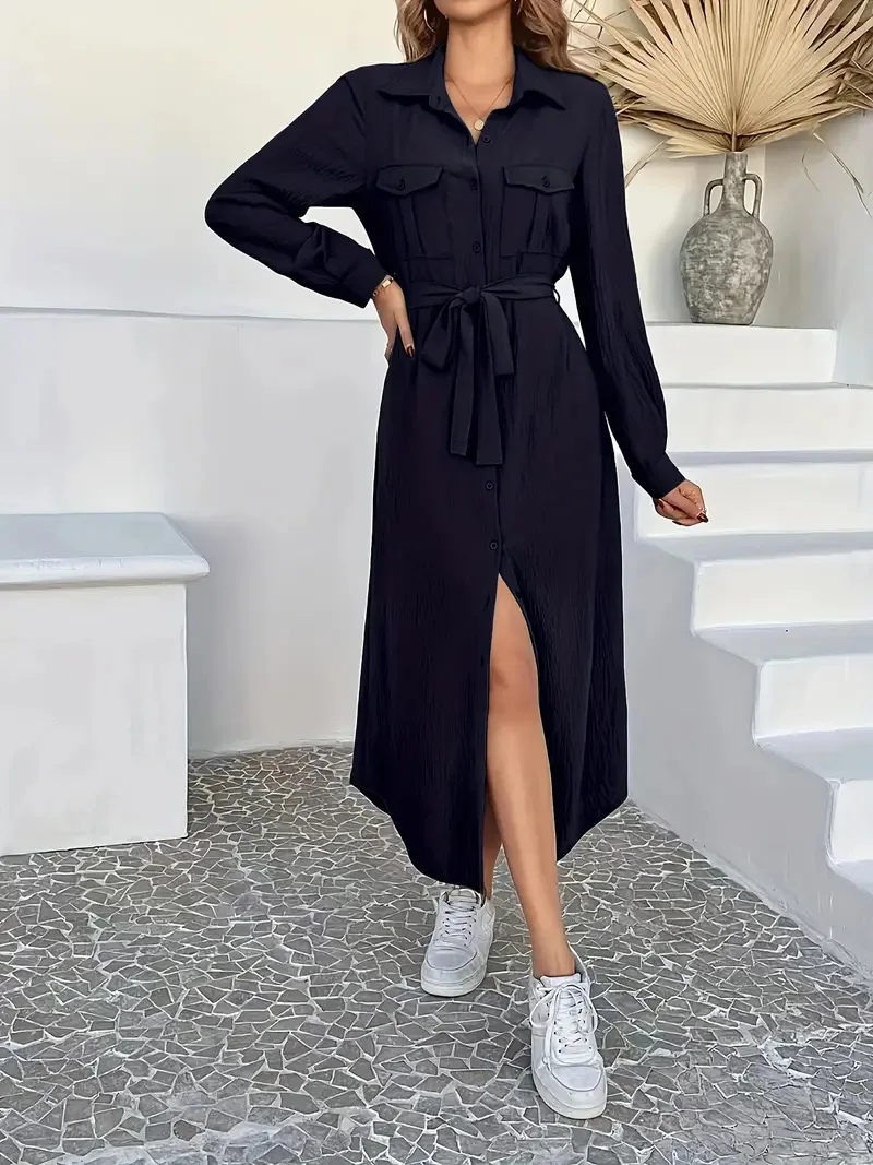 Elegancka, modna sukienka damska w jednolitym kolorze, sznurowana w talii, model na jesień 2025, nowość.