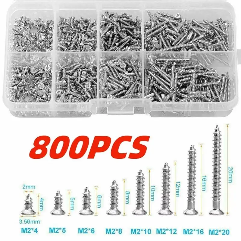 

800Pcs Nickel-Plate Carbon Steel Self Tapping Screw Set M2 Phillips Flat head Screw Sets With 8 Sizes Thread Nail Bolt Nut Set