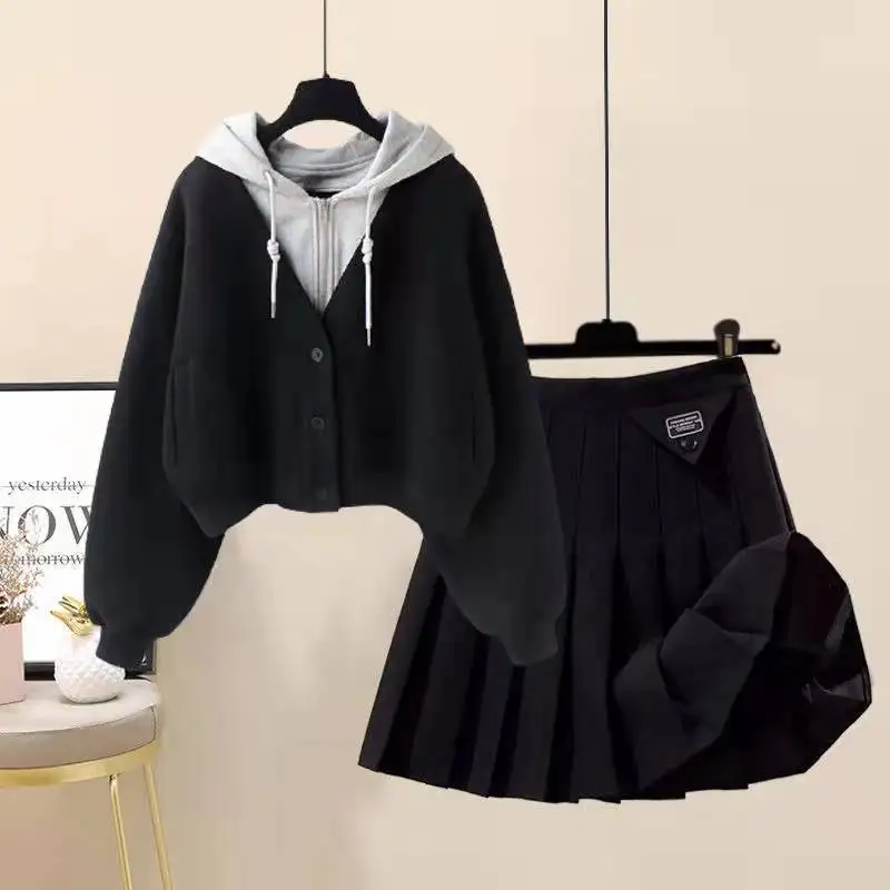 Large Size Women Spring and Autumn Season Set Women New Slimming Fake Two Piece Jacket Age Reducing Pleated Skirt Two Piece Set