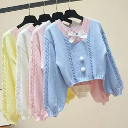 Lucyever Sweet Bowknot Knit Sweaters Women 2021 Autumn Casual Lantern Sleeve V Neck Pullovers Female Wild Knitted Short Sweater