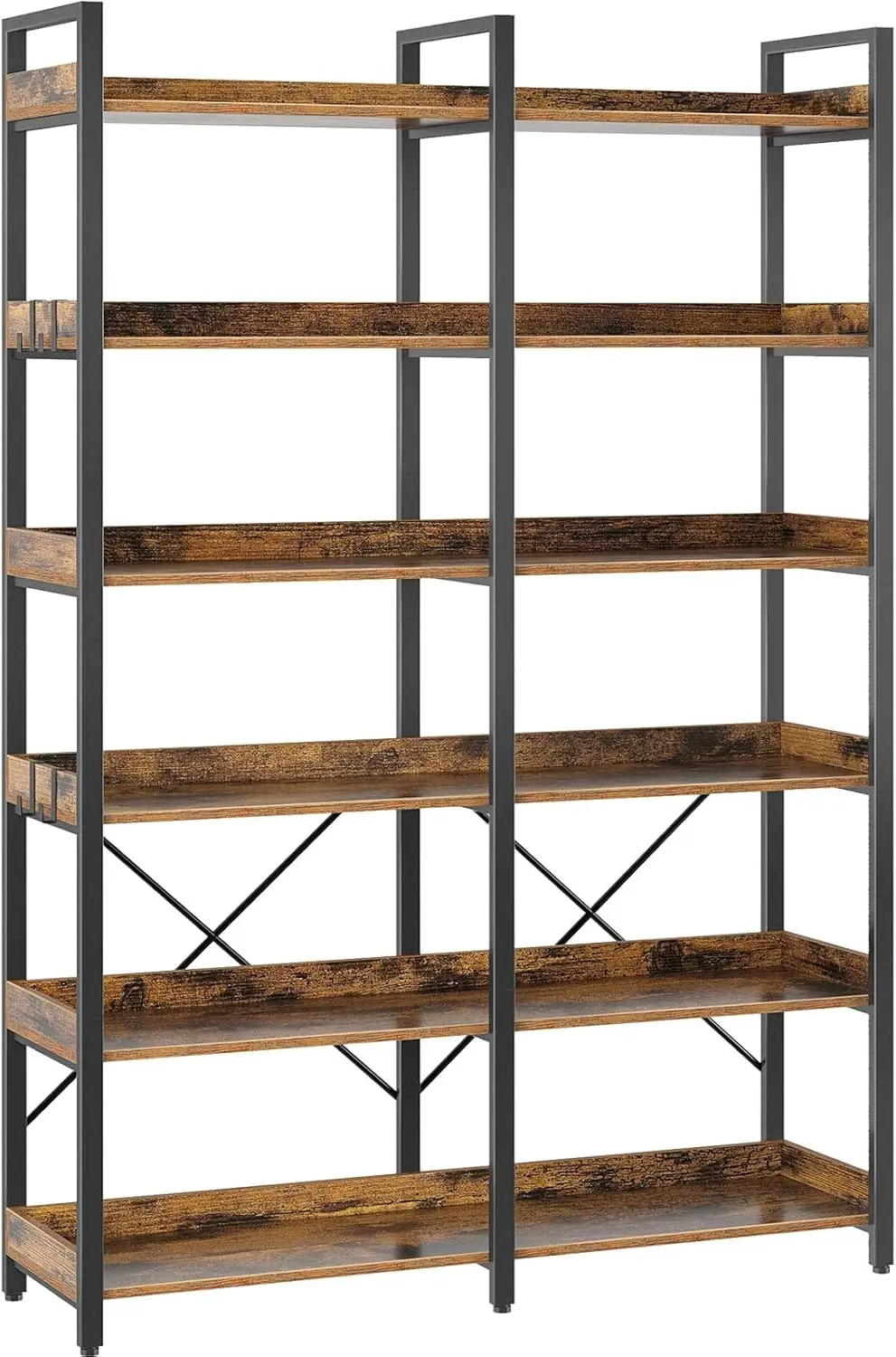 

Bookshelf 6 Tier With 4 Hooks, 67” Industrial Wooden Bookcase, Vintage Storage Ra With Open Shelves, Rustic Standing