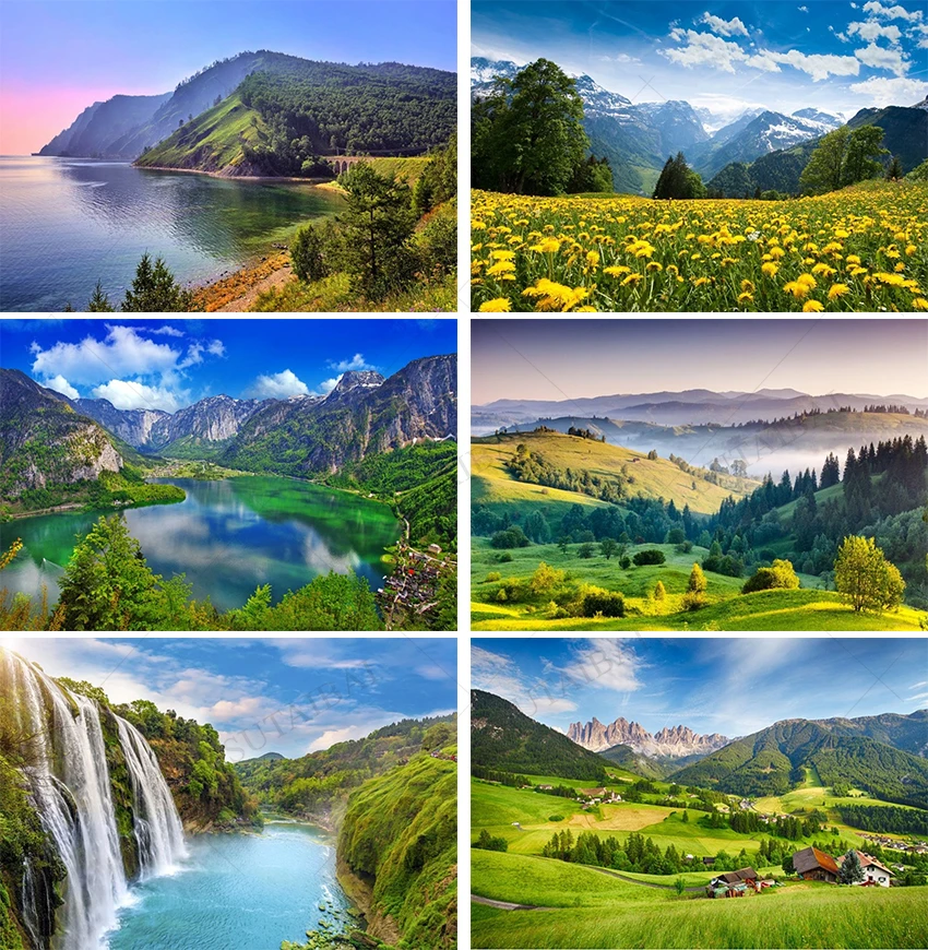 

Natural Scenery Theme Photo Backdrop Green Lawn Spring Fond Photo Mountain Waterfall Vinyl Photographic Photo Studio Photophone