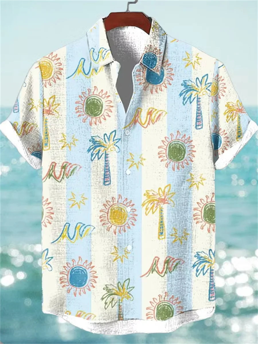 

Hawaiian style men's short sleeved linen shirt, button design, digital printing, casual and comfortable, fashionable dressing