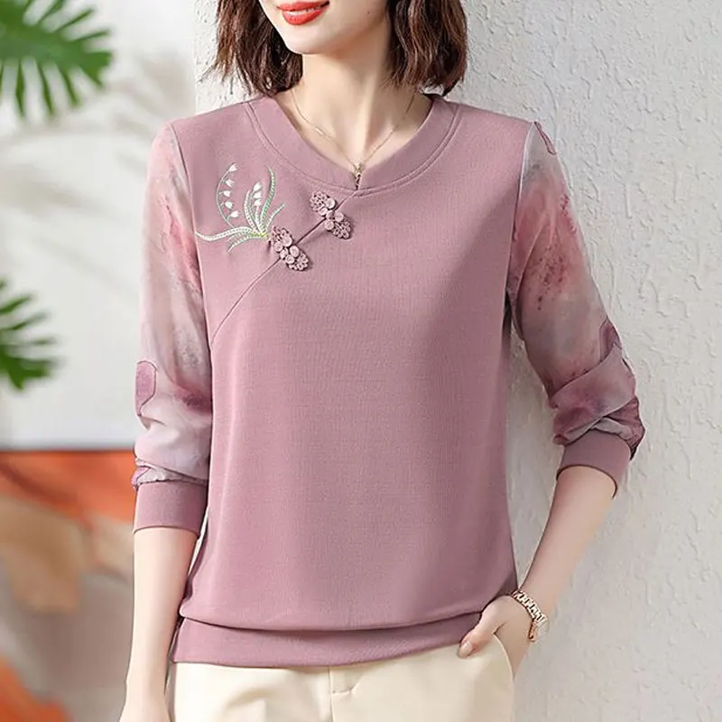 Fashion Flowers Embroidery Blouse Casual Printed Spliced Female Clothing O-Neck Spring Autumn Folk Chinese Disc Buckle Shirt New