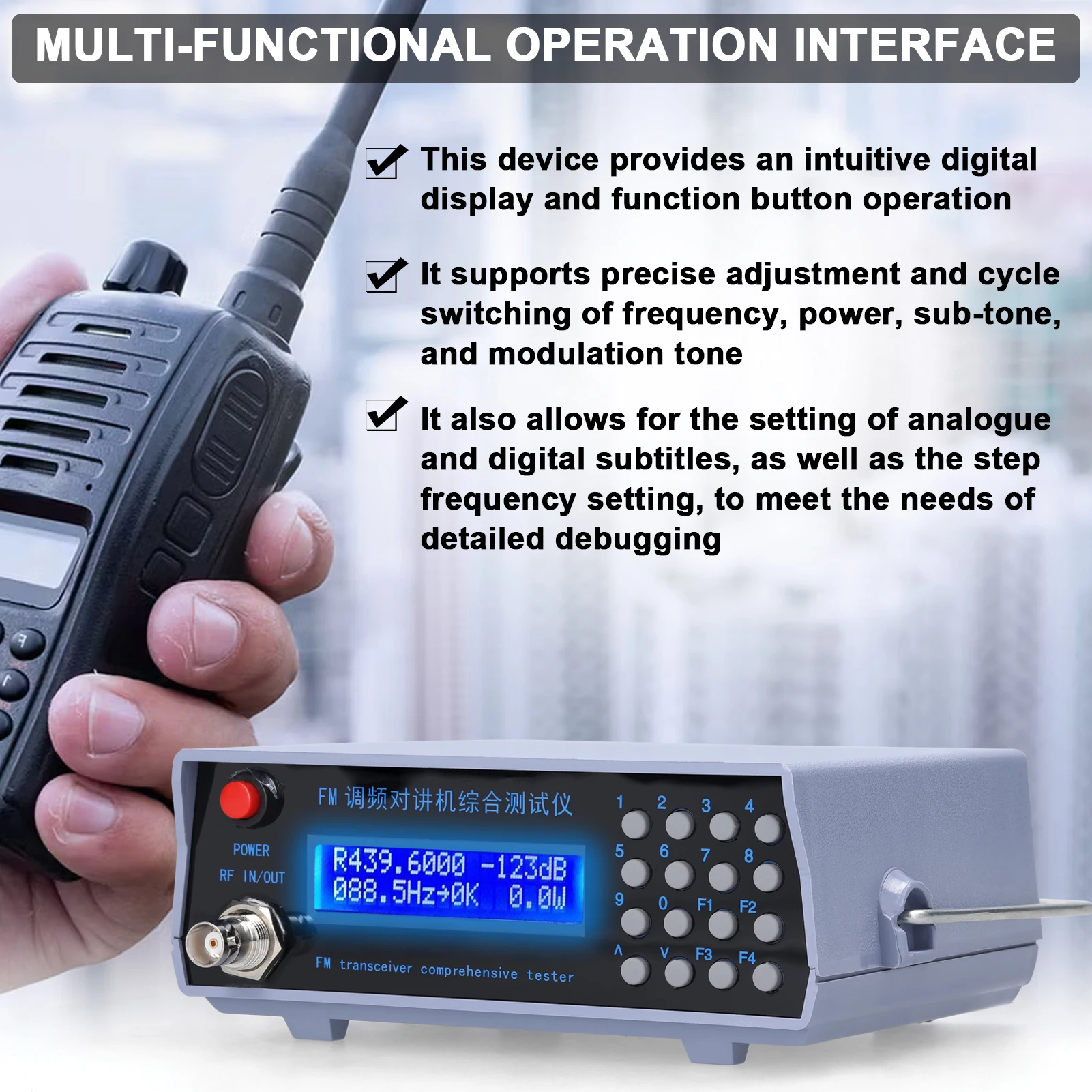 Generatore di segnale completo modulazione di frequenza ricetrasmettitore Tester ripetitore Tester VHF UHF Radio ricetrasmettitore palmare