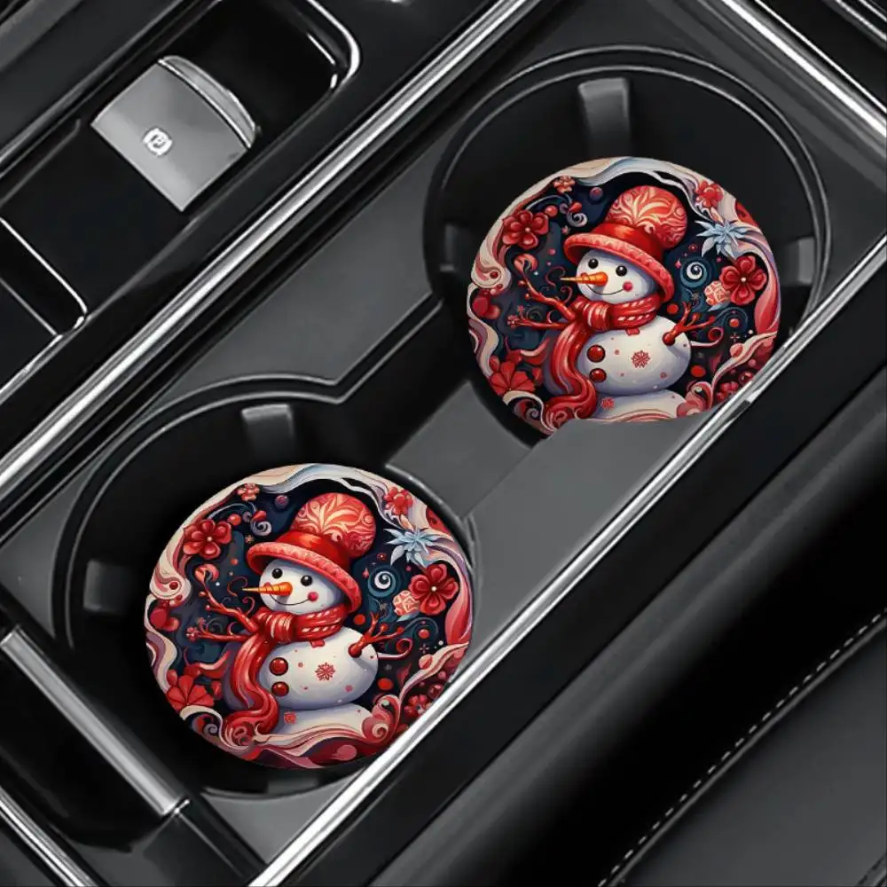 Red Snowman EVA Cup Holder Coasters 2-Pack 2.75＂ Easy Clean Christmas Holiday Interior Decor Gift For Snowman Lovers