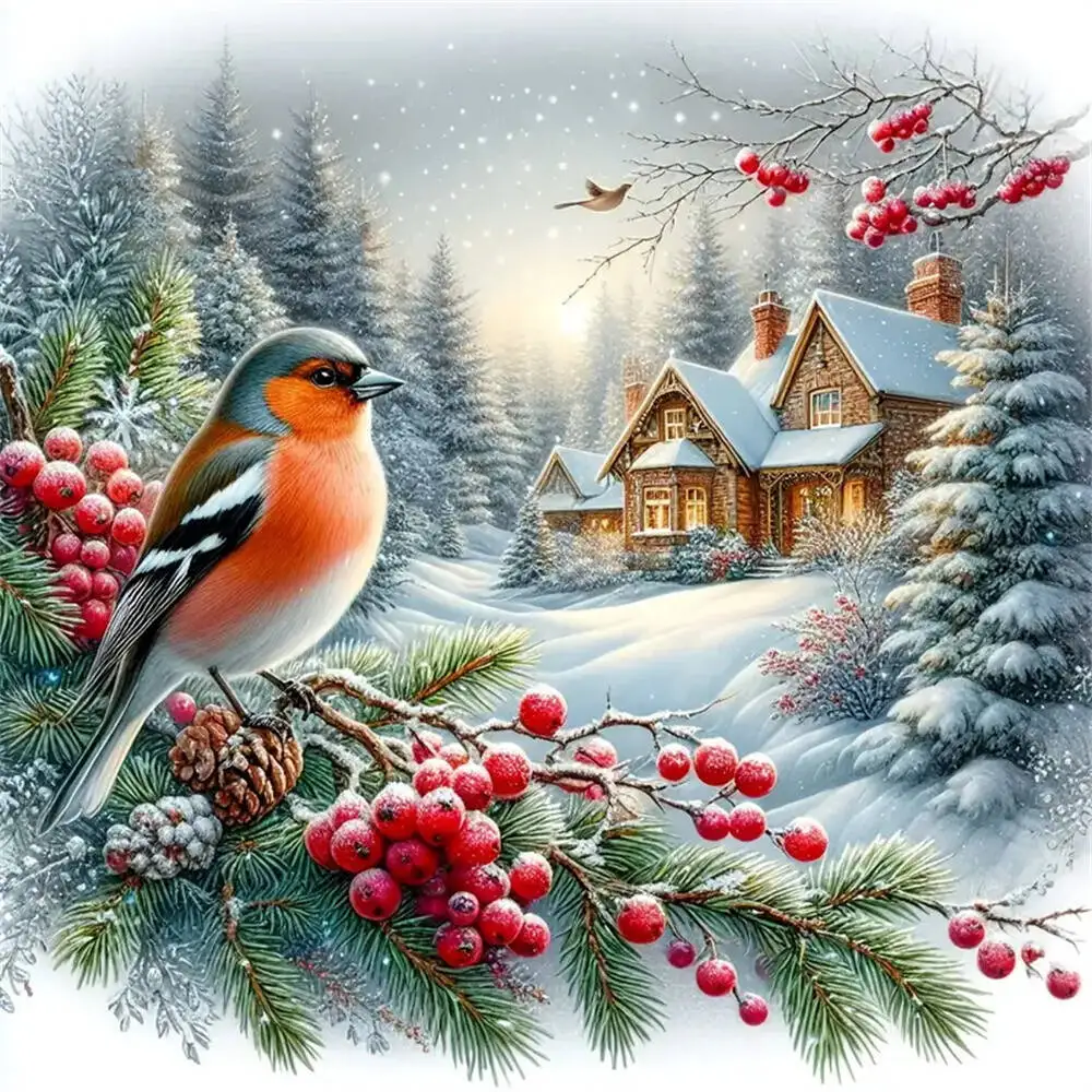 Frameloos, diamantmozaïek huislandschap winter doe-het-zelf acryl knutselbenodigdheden schilderij vogel boom handwerk huisdecoratie