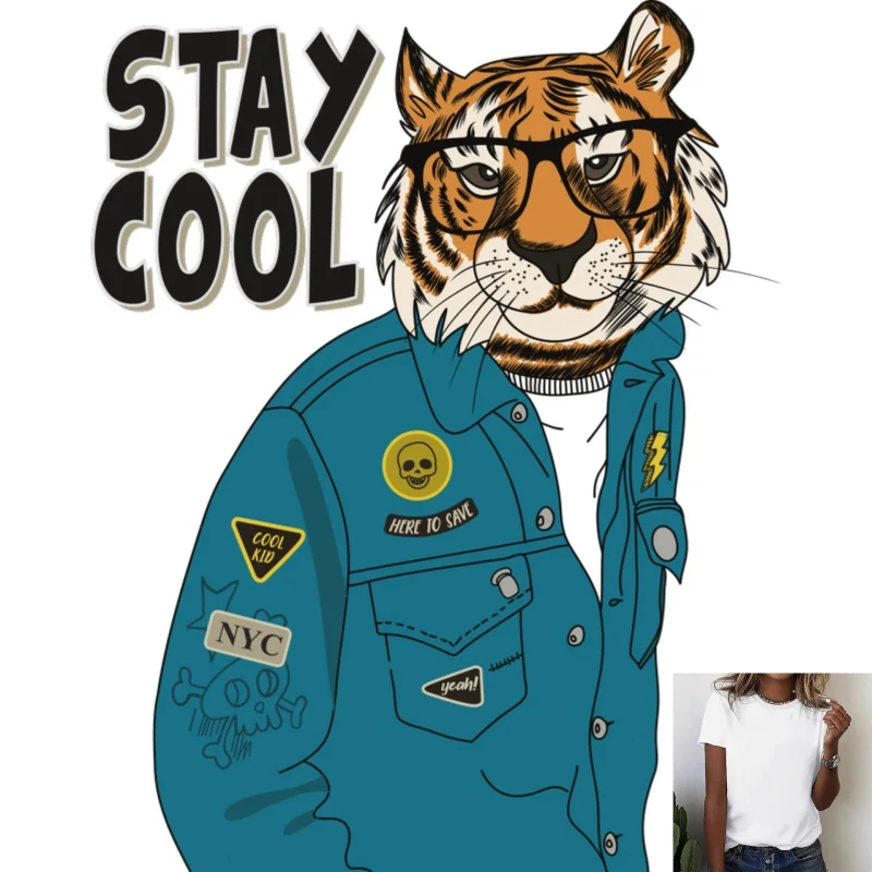 Trendy Tiger with Glasses Graphic Heat Transfer White Ink Iron - on Patch, Street - style, Suitable for T - shirts/Clothes,