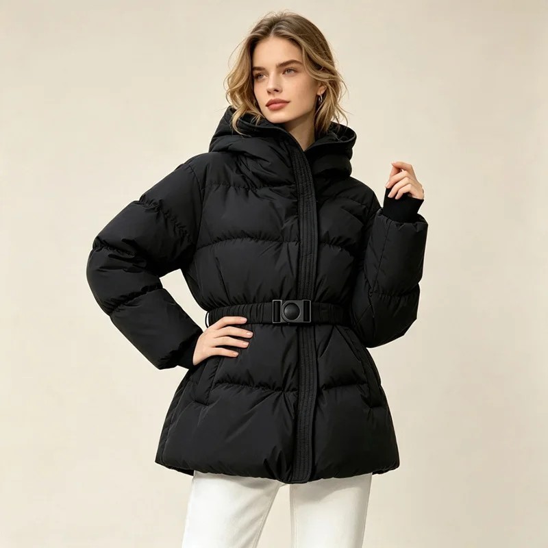 Schinteon Women White Down Jacket with Hood Solid Color Fashionable Autumn Winter Warm Outwear Parka Belt 2026 New Real Pictures