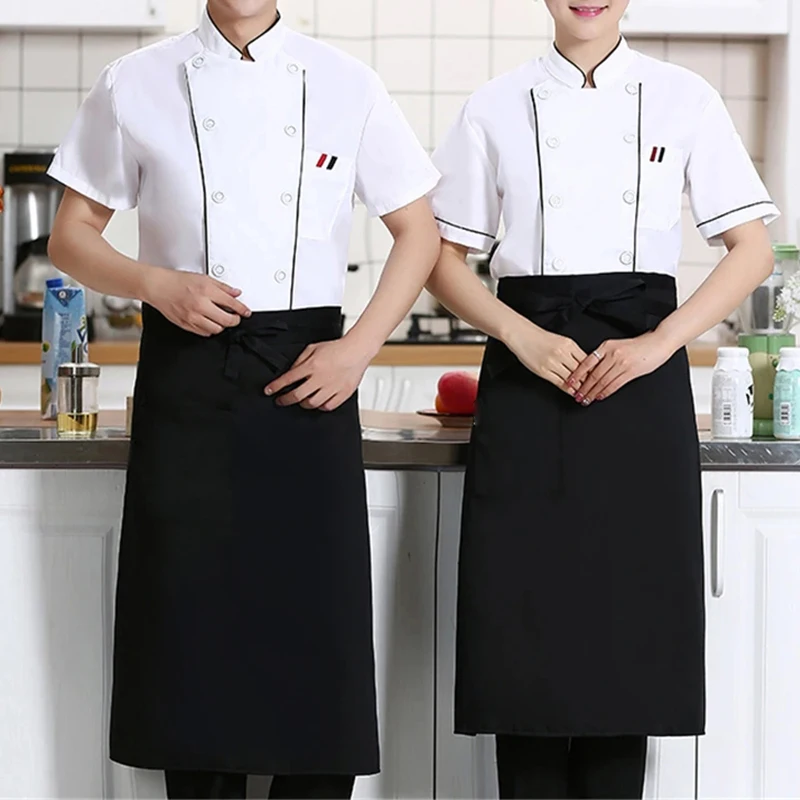 Kitchen Cooking Apron Black Striped Plaid Semi-long Apron With Pockets Catering Chef Waiter Bar Specialized Aprons