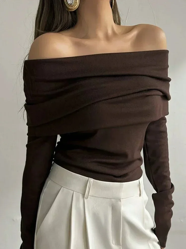 

Solid Off Shoulder Women's Short Sweater Elegant Full Sleeve Slim Fit Knitted Pullover 2025 New Autumn Office Commute Outwear
