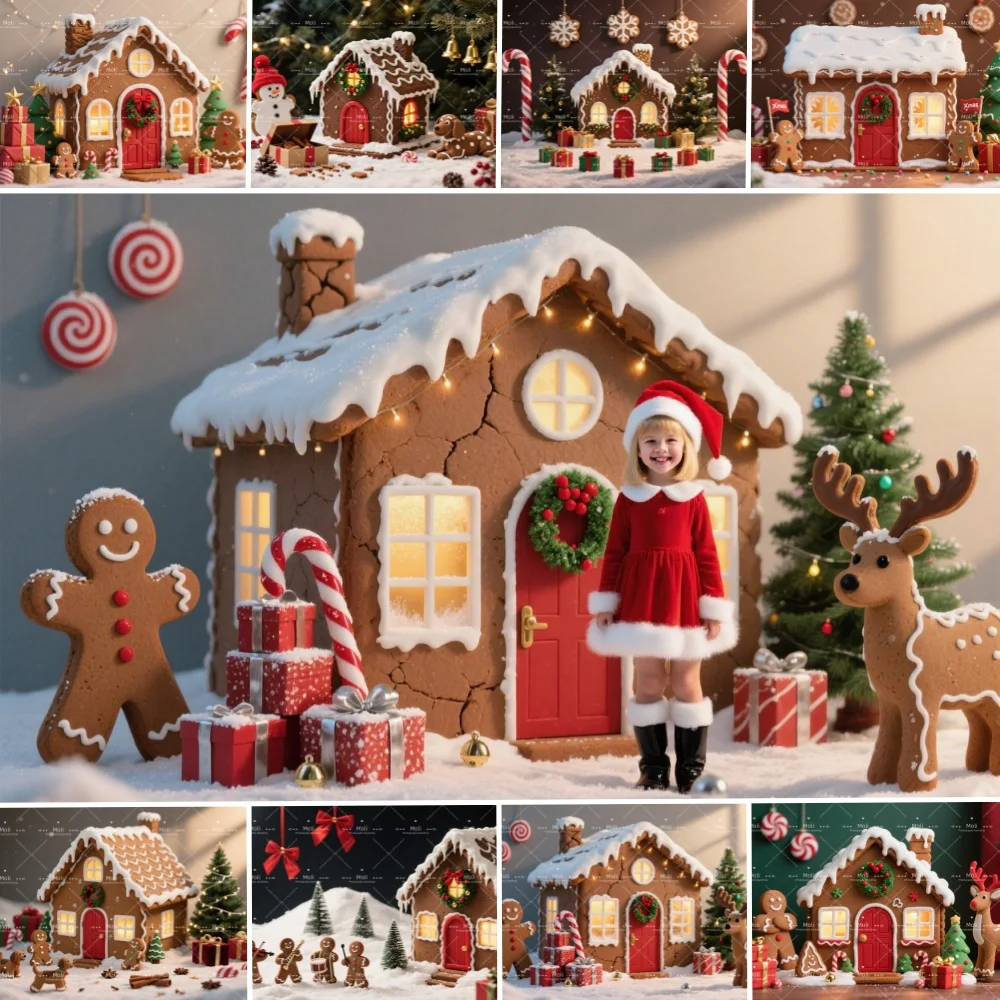 

Snowy Gingerbread House Photography Background Glitter Xmas Tree Lantern Gift Backdrop Booth Kid Winter Birthday Portrait Studio