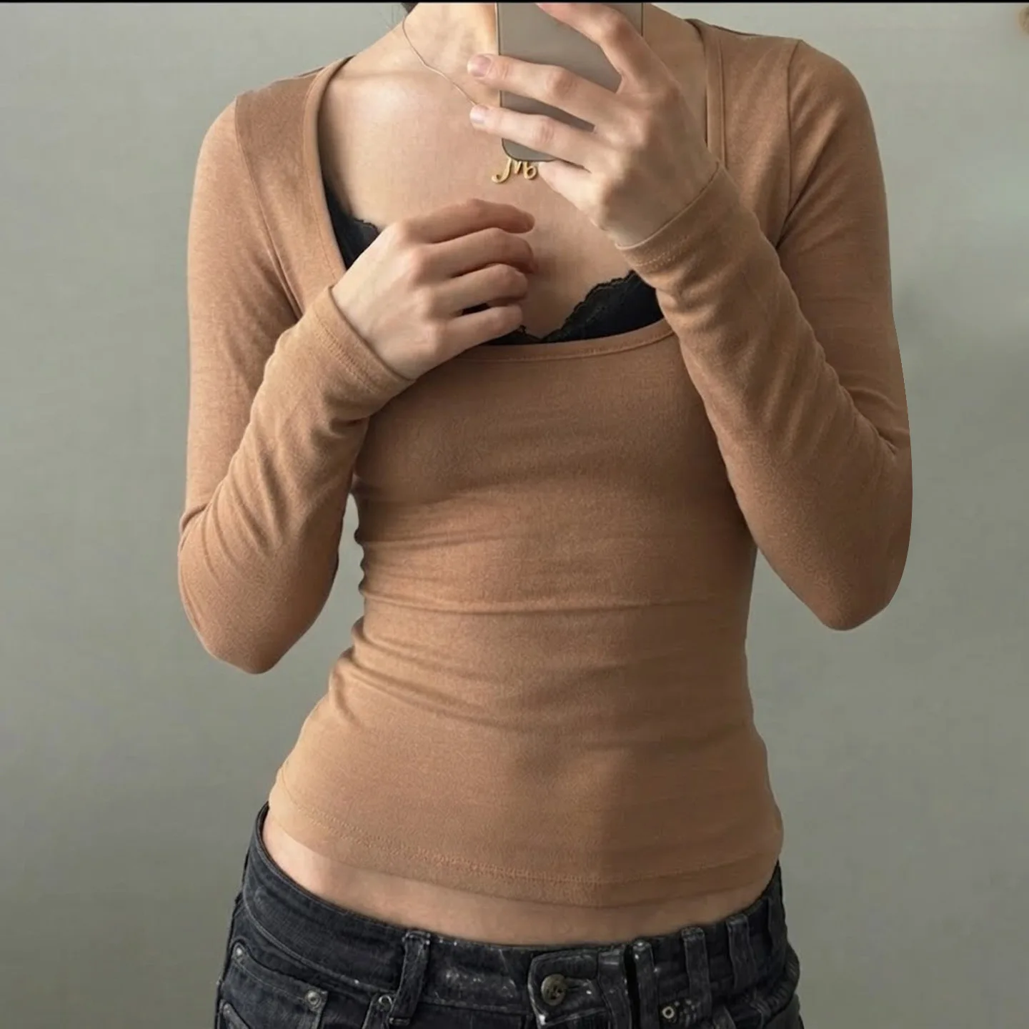 Square Neck Crop Top Knit Long Sleeve Tee Slim Fit Scalloped Trim Stretch Pullover Fall Casual Daily Solid Color Basic Top