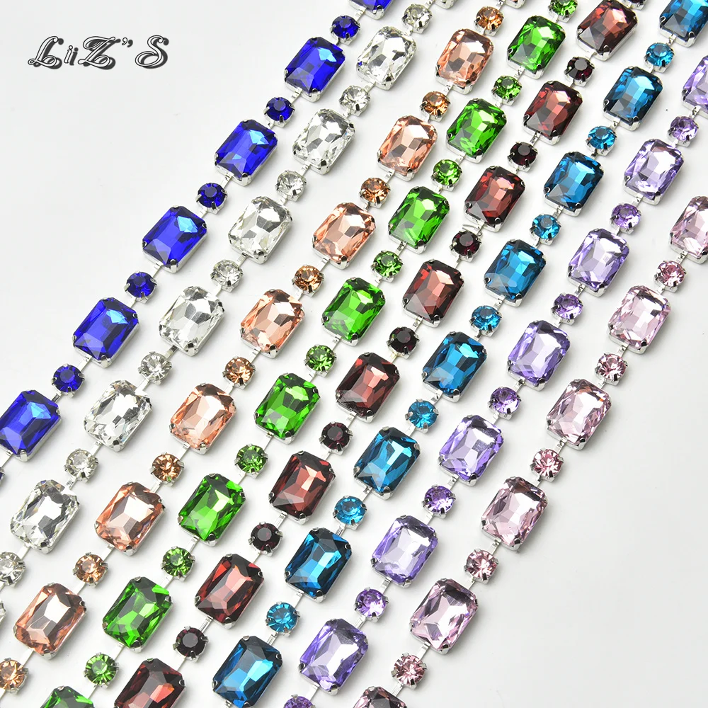 8mm Round and 13x18mm Rectangular Crystal Rhinestone Sew on Different Clothes Decorative Chain with Silver Metal Base Ribbon