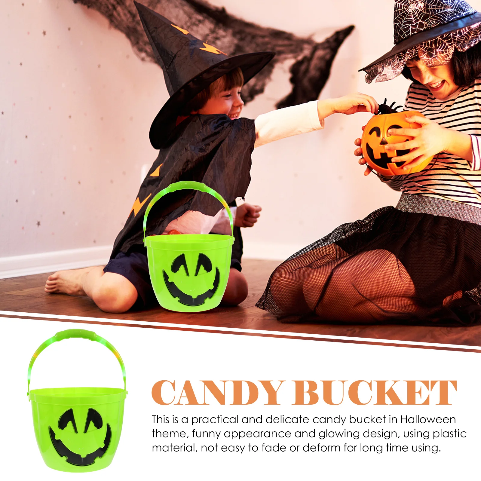 

Glowing Halloween Bucket Plastic Candy Storage Holder Funny Appearance for Children Party Decorations