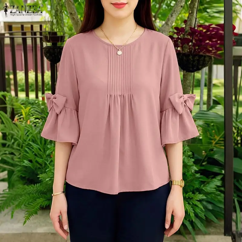 

2026 ZANZEA Elegant Flare Sleeve Bows Blouse Summer Women Tops Stylish Casual O Neck Pleated Blusas Mujer Female Work Shirt