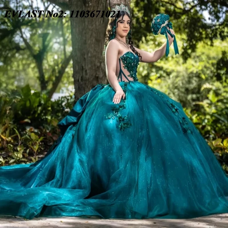 EVLAST Personalizado Brilhante Verde Enegrecido Quinceanera Vestido de Baile Floral Applique Beading Doce 16 Vestidos De 15 Anos E2Q13