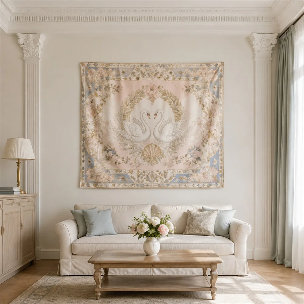 VIKAMA Swan and Wreath Mirror Symmetric Tapestry Wall Hanging, Neoclassical Wall Art Tapestries for Living Room Bedroom Entryway