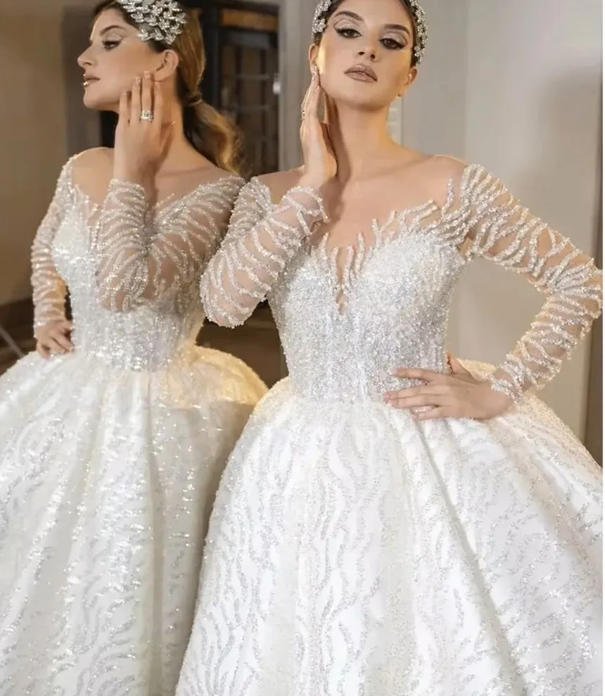 Sparkling Pearl Lace Wedding Dresses for Bride 2027 Sheer Neck Long Sleeve Beads Sequins Bride Bridal Gowns Vestidos