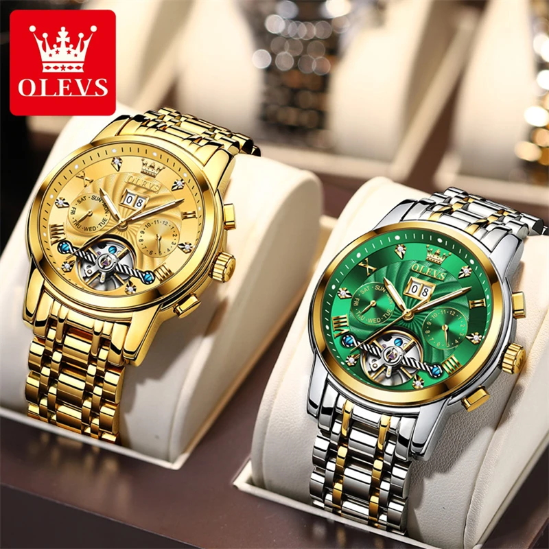 OLEVS Brand Luxury Gold orologio meccanico per uomo in acciaio inossidabile impermeabile calendario luminoso Fashion Tourbillon orologi da uomo