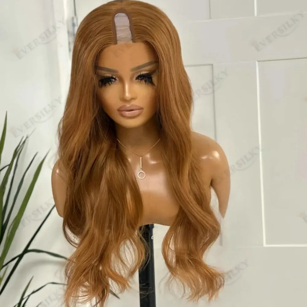 

Slightly Curly V Part Wig for Black Women Remy Human Hair Ginger Orange Brown Adjustable With Clips Glueless 1x4 Size U Part Wig