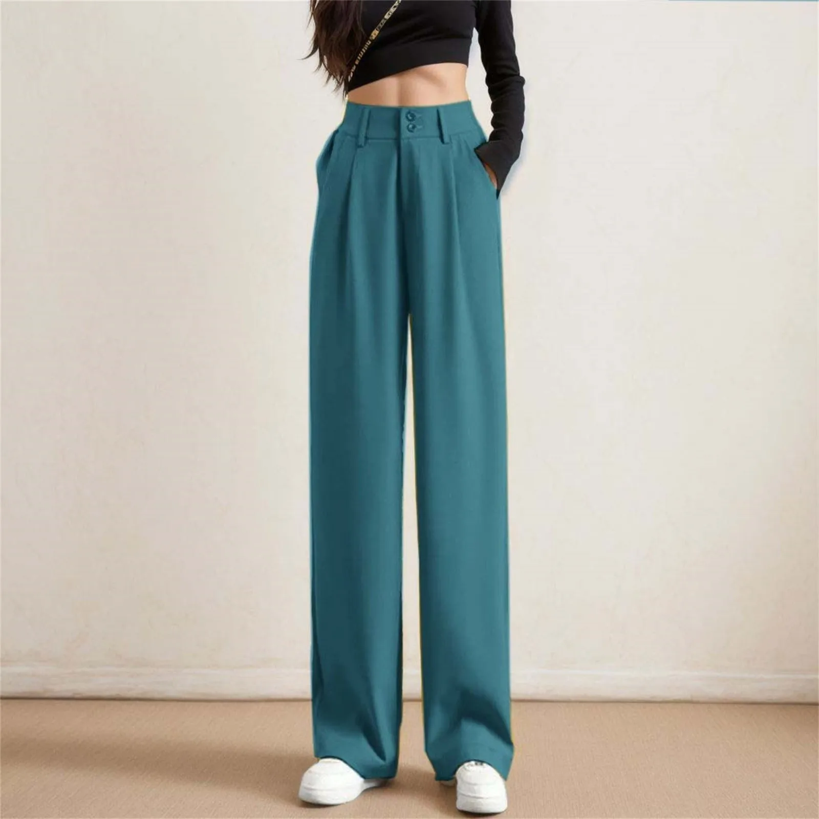 Ladies Casual High Waist Loose Wide Leg Pants Spring Autumn New Female Floor-Length White Suits Pants Ladies Long Trousers