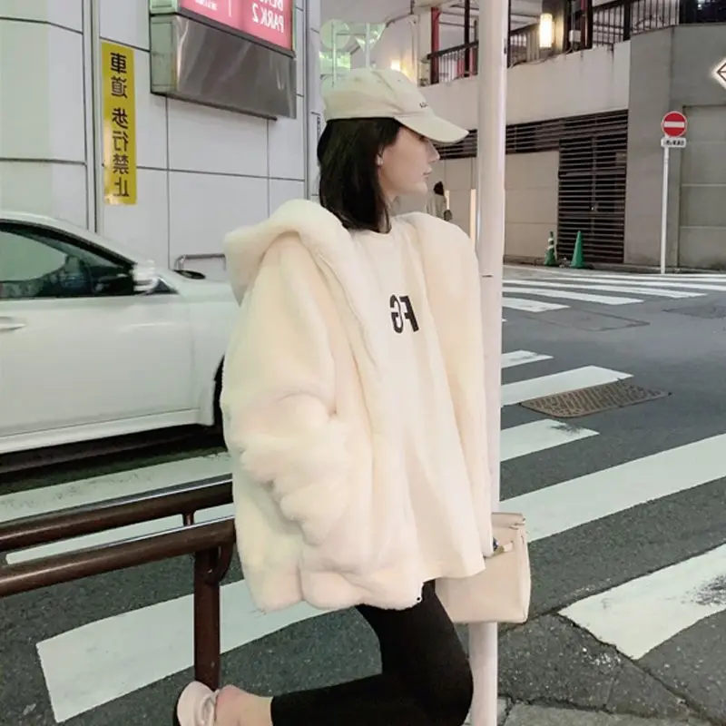 Chic Hooded Warm Loose Faux Rabbit Fur Jacket Winter Women Clothing Thick Zipper Fur Coat Korean High Quality Luxury Coat Design