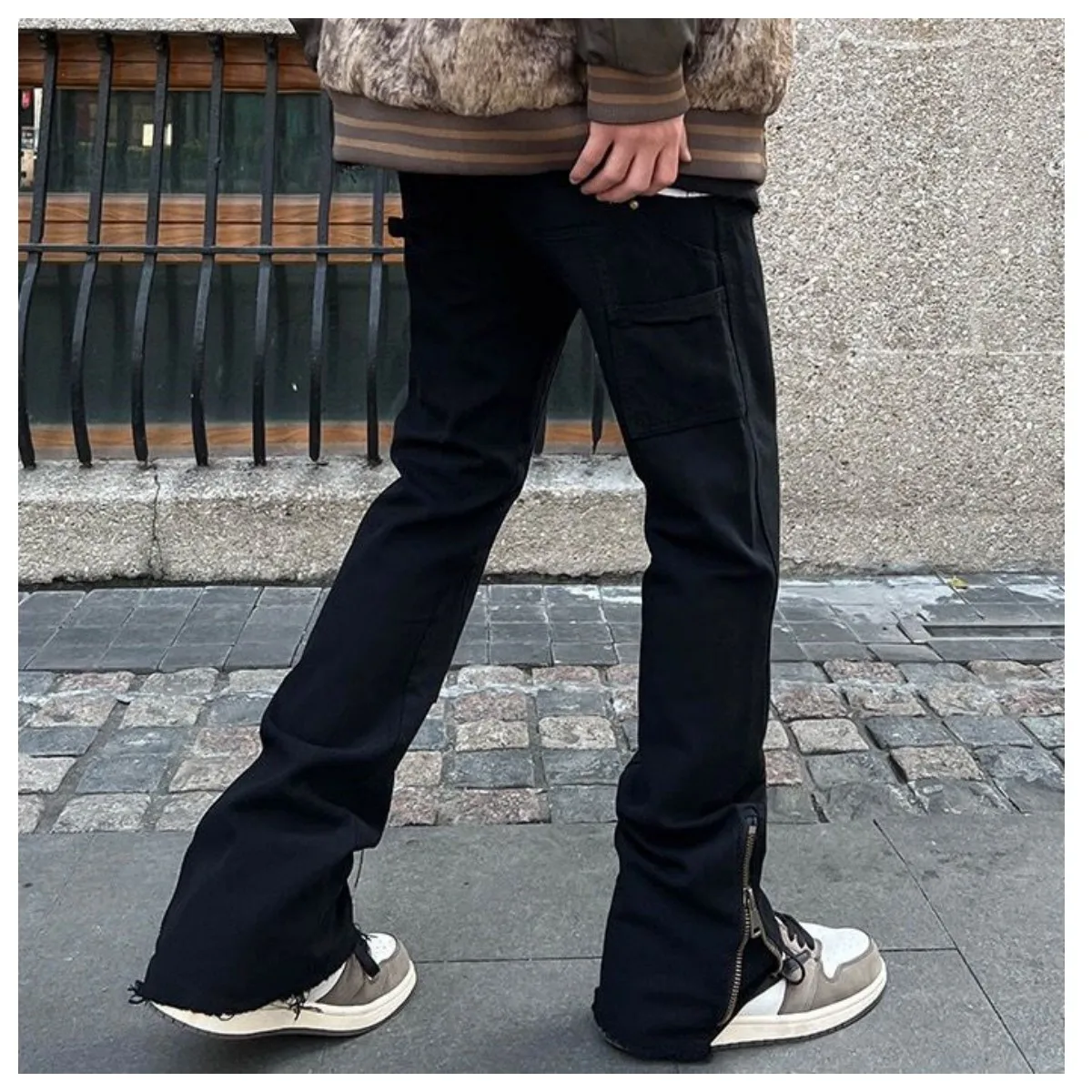 High Street Punk Style Zipper Split Jeans Men's Hip Hop Fashion Brand Loose Straight Barrel American Work Wear Micro Horn Pants