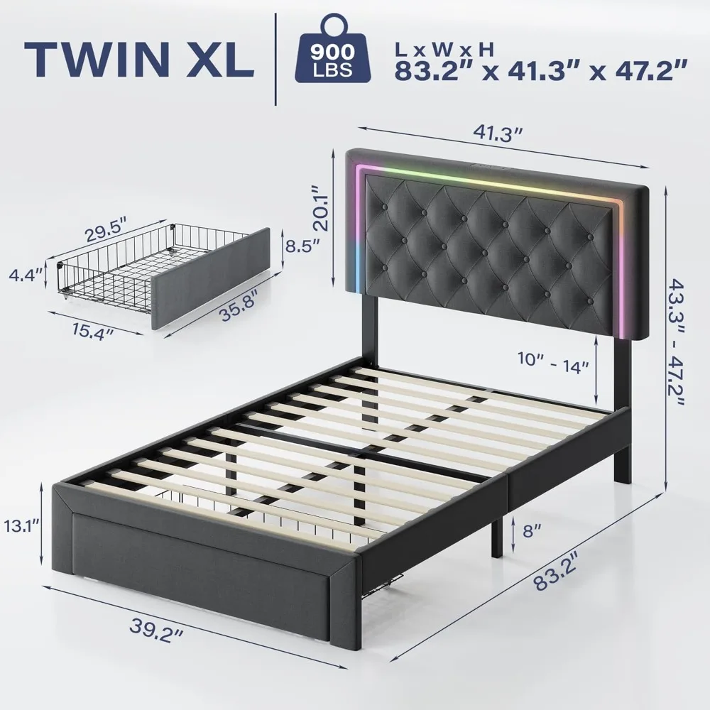 Rangka Tempat Tidur Twin XL dengan Laci Penyimpanan dan Sandaran Kepala yang Dapat Disesuaikan, Rangka Tempat Tidur Berlapis Kain Ukuran Twin XL dengan Lampu LED dan Pengisian Daya