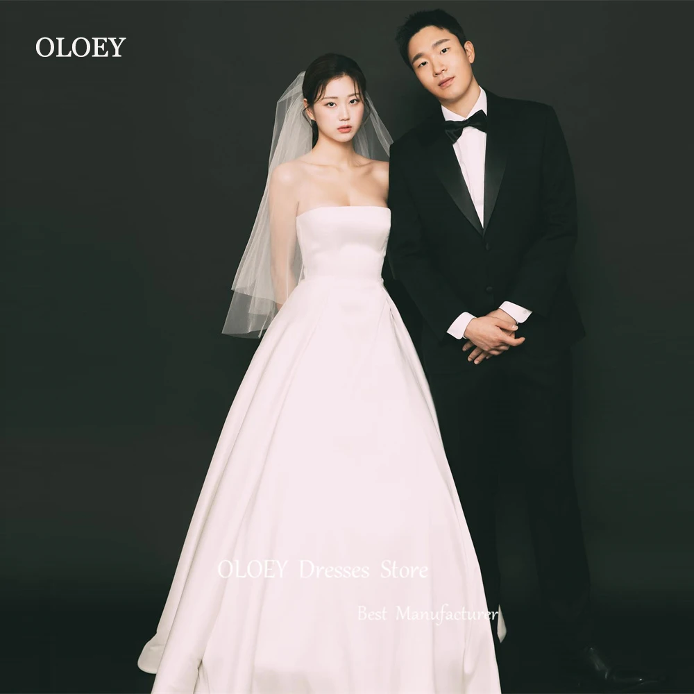 

OLOEY Simple A Line Satin Korea Wedding Dresses Photoshoot Strapless Floor Length Corset Back Bridal Gowns Mariage Custom Made