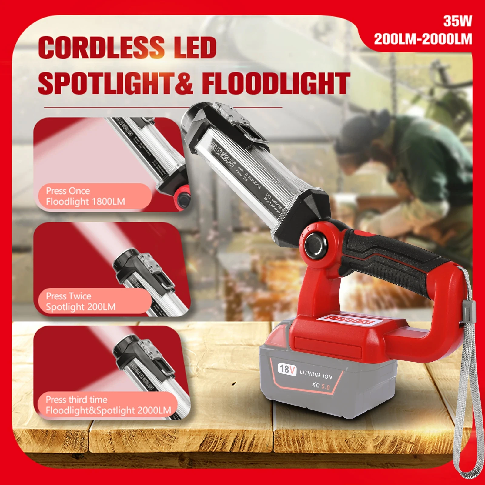 ไฟ LED ทำงาน2000LM 35W สำหรับ milwaukee ไฟดาวน์ไลท์แบตเตอรี่ Li-ion 18V พร้อม USB อินเตอร์เฟซฉุกเฉิน