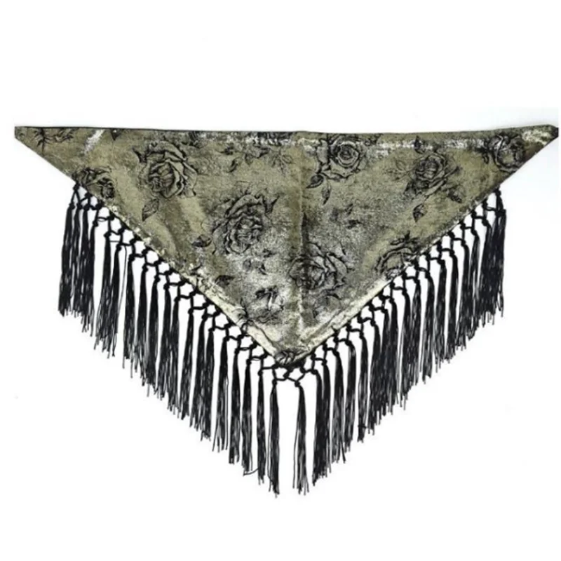 ผ้าพันคอสามเหลี่ยมสำหรับผู้หญิง สายคาดเอวสไตล์ชาติพันธุ์ ลายพิมพ์ตกแต่ง ผ้าฝ้าย เครื่องประดับคาดเอว พู่ห้อยประดับ