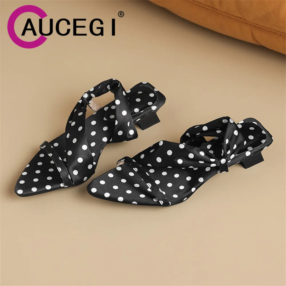 Aucegi New Luxury Sexy Pointed Toe Women Sandals Fashion Polka Dot Elegant Dress Square Low Heel Slip On Slides Dress Shoes