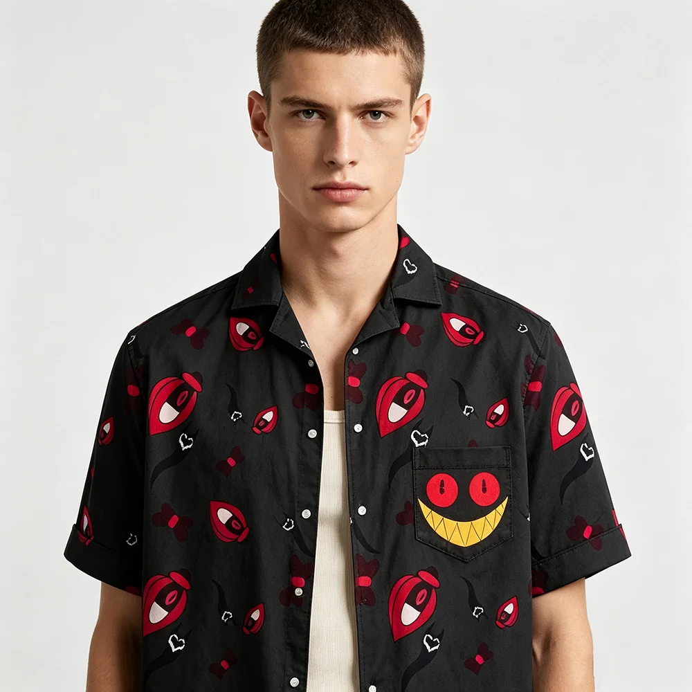 Alastor Button Up Shirt Anime HazbinHotel Hawaiian Shirt Men Women 3D All‑Over Print Short Sleeve 3D All Over Print Merch Tops