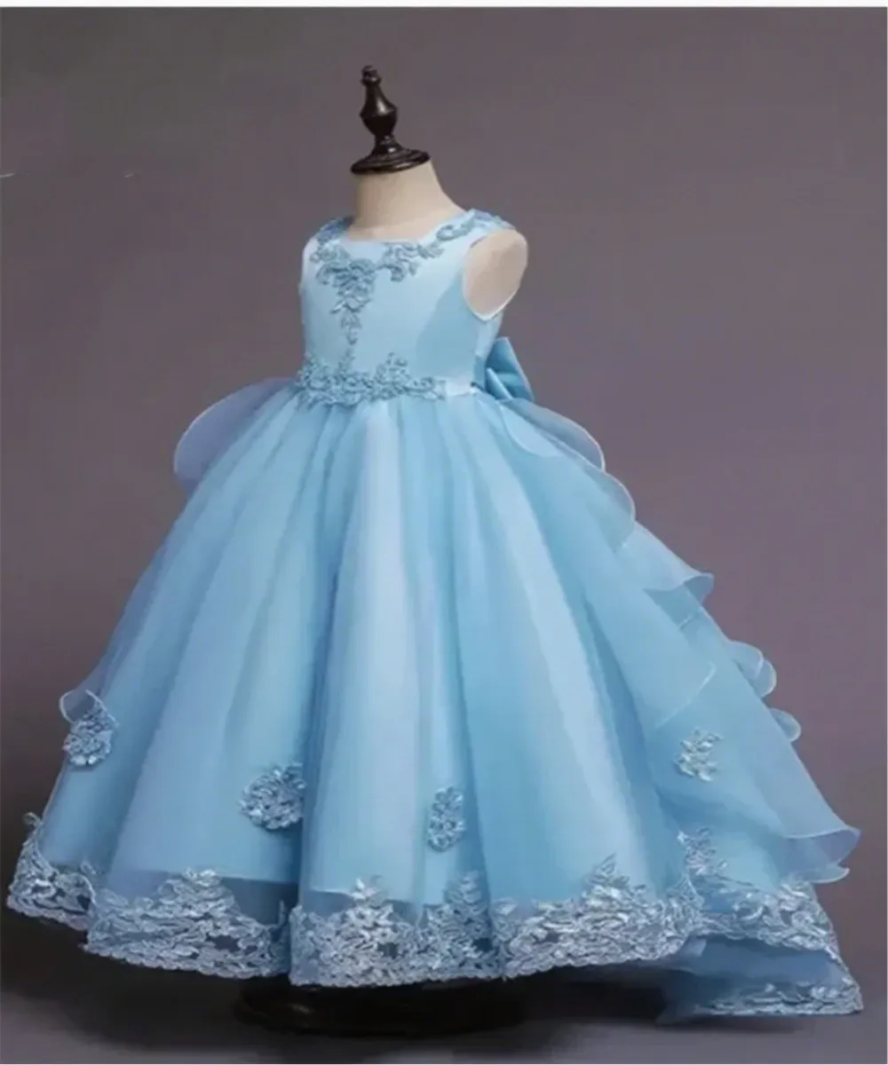 

New Flower Girl Prom Dress Sleeveless Appliques Bow Lace Satin Dress Princess Birthday Party First Communion Formal Event Gown