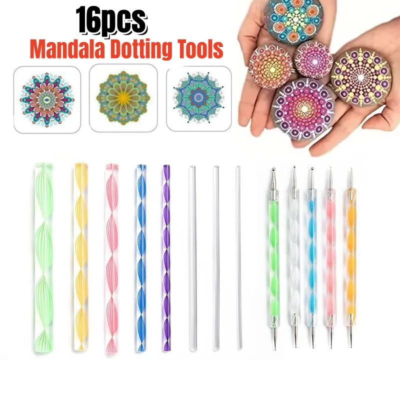 16PCS DIY Mandala Dotting Tools,for Painting Rocks Mandala Rock Painting Kit with Mandala Stencil,Acrylic Rods,Double Sided Dott