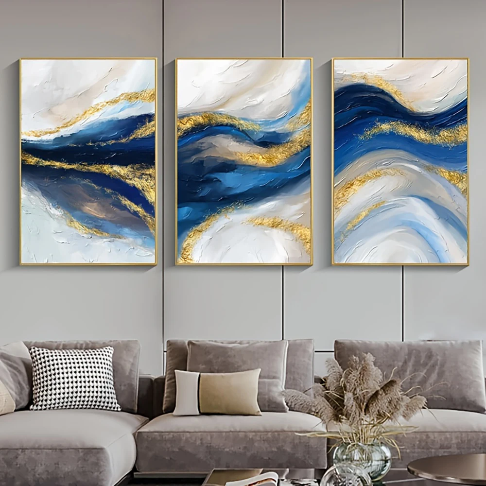 3PCS/Set Golden Blue Abstract Ocean Canvas Painting Modern Artwork Luxury Poster and Print Wall Art Picture Home Decor Frameless