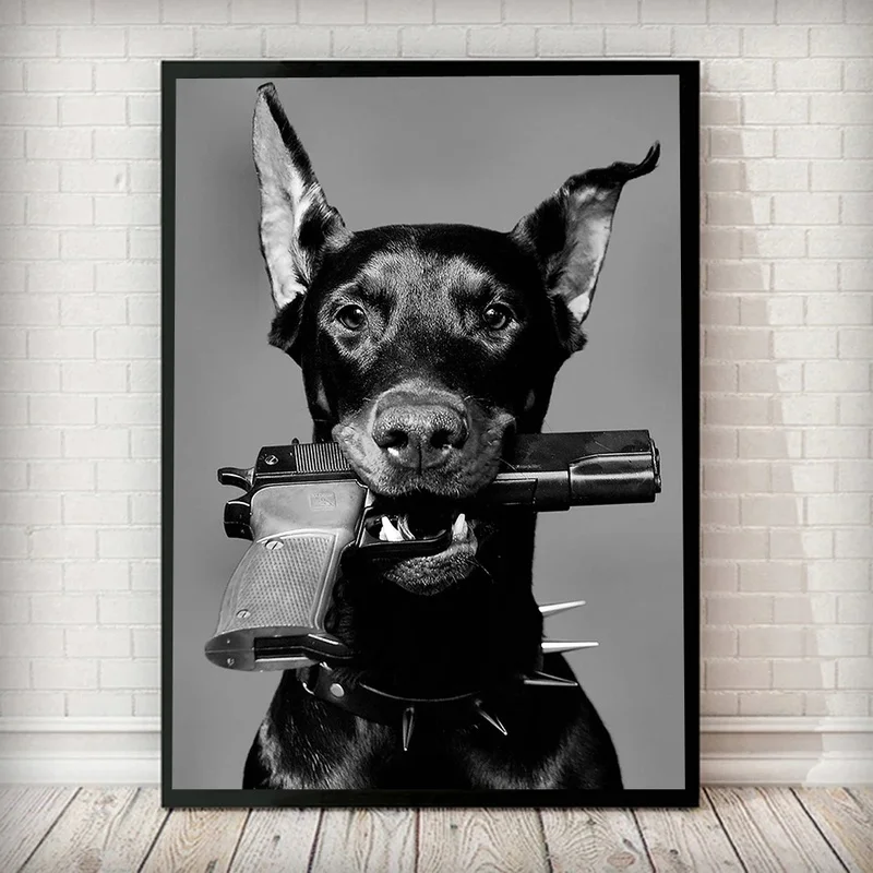 

Doberman Dog Gun Canvas Painting Modern Black White Cuadros Fashion Poster Prints Wall Art Picture On Canvas Nordic Home Decor