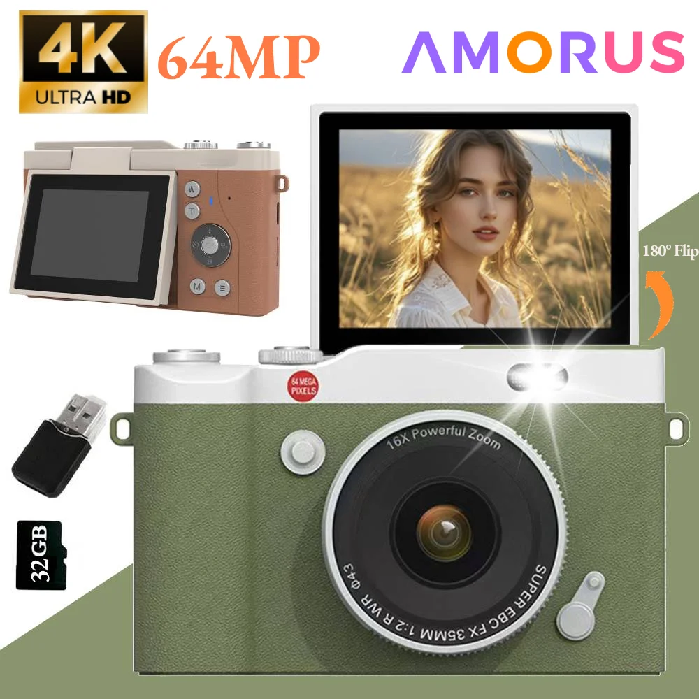 Cámara digital 4K Grabadora de vídeo retro CCD con zoom digital 16X de 2,4 pulgadas 180 ° Cámara de fotografía digital compacta Selfile con pantalla abatible