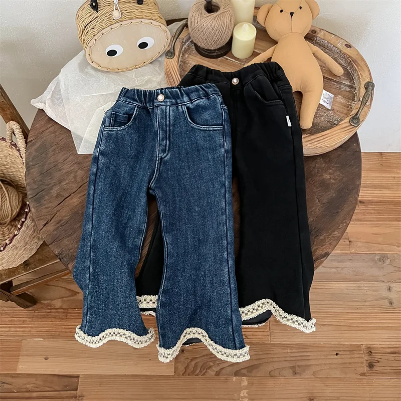 Flared Pants Girls Velvet Jeans Children Clothing Trousers Autumn Winter Baby Winter 2023 Elastic Waist Soild Pocket