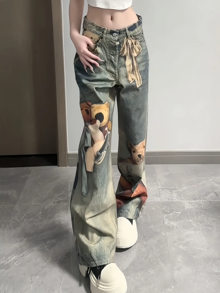 

Американские джинсы Heavy Du Street с принтом медведя, женские модные свободные брюки с высокой талией длиной до пола, повседневные брюки
