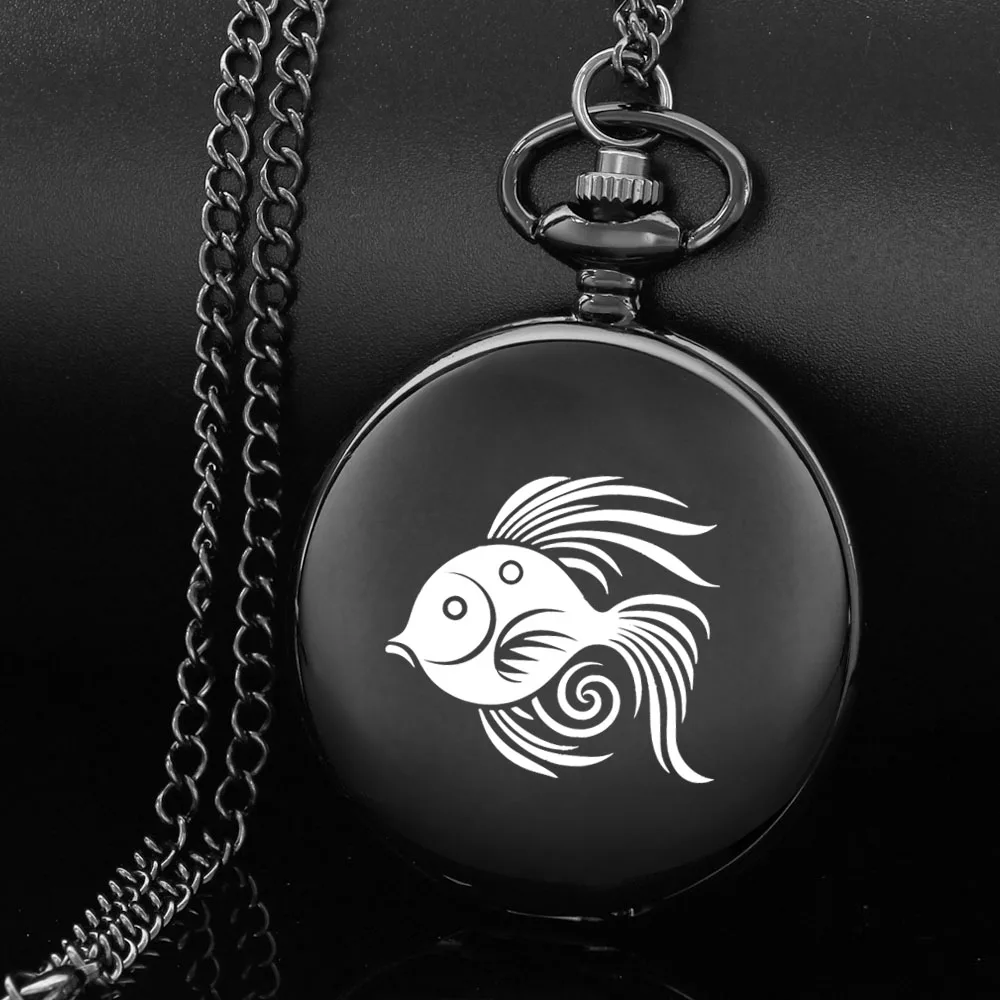 

Classic Goldfish funny image design carving english alphabet face pocket watch a chain Black quartz watch perfect gift