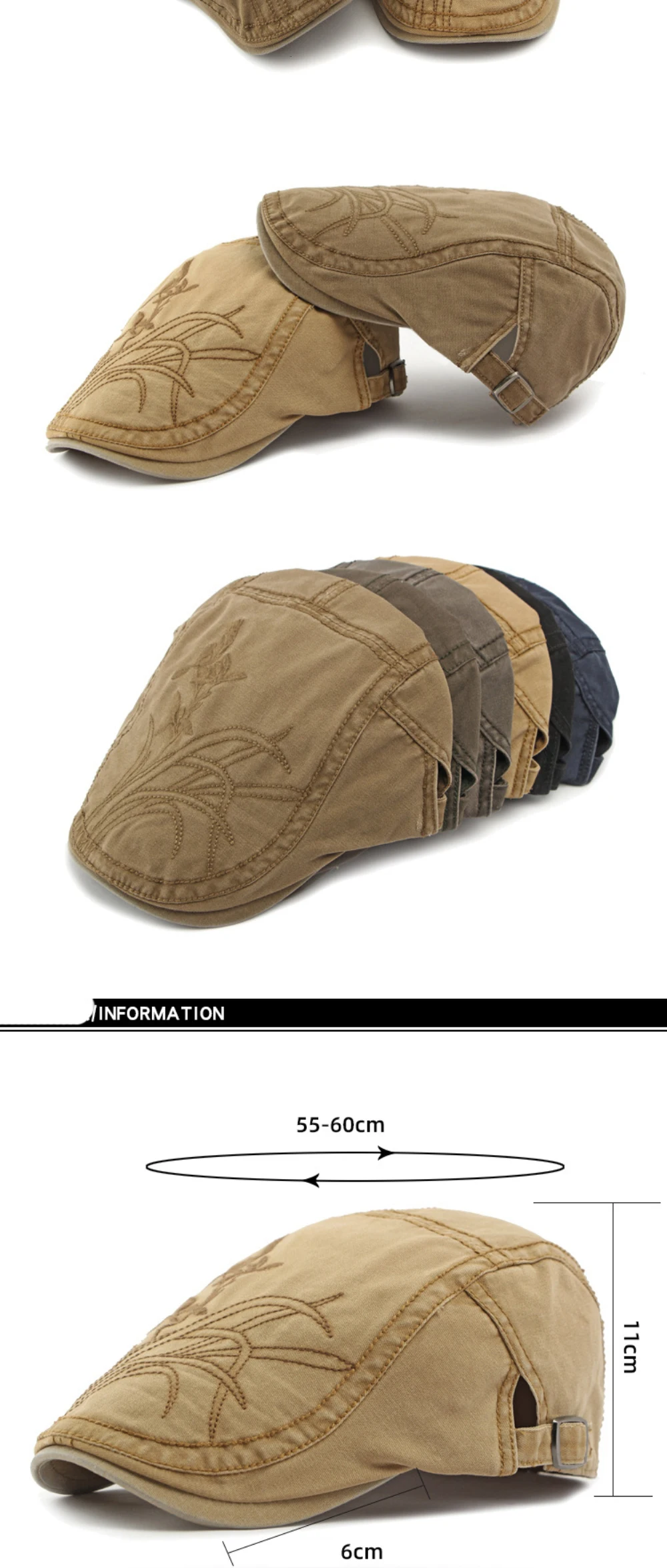 HT4406 Baskenmützen für Herren und Damen, Vintage Künstler-Mütze, Unisex Baumwoll-Flachmütze, Frühling Verstellbare Blumen-Baskenmütze – Detail 2